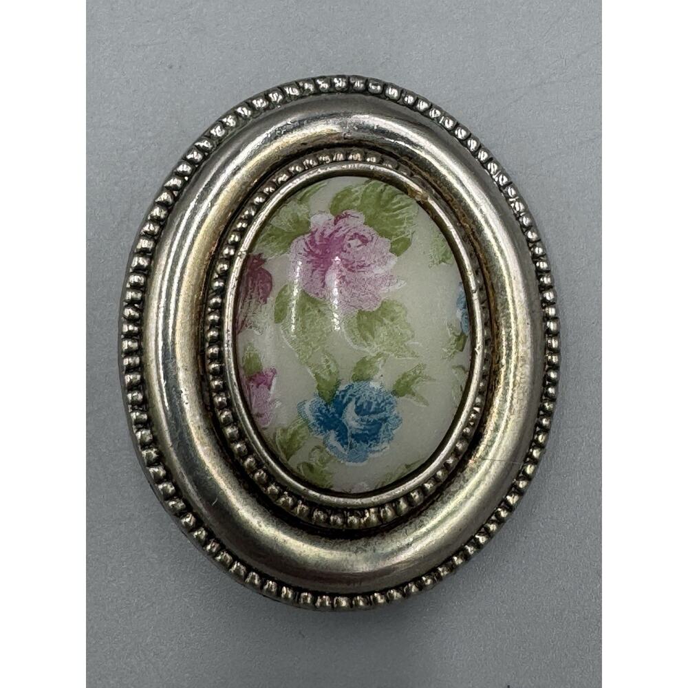 Vintage Framed Floral Brooch W/ Pink Blue Flowers Oval Shaped READ